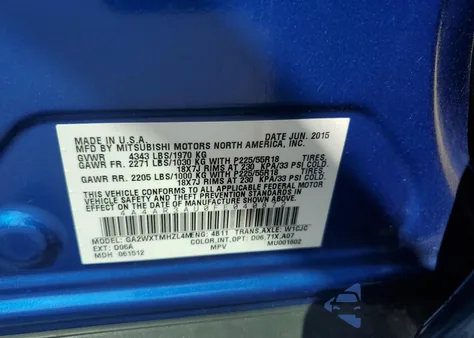 2015 Mitsubishi Outlander Sport Es из США, поврежденный, VIN 4A4AR3AU0FE040872